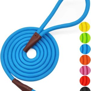 4/6 /8/10 FT Dog Leash, Classic Solid Colors, Strong Nylon Rope Dog Leash Reinforced with Leather  Heavy Duty Silver Clasp (Blue, 8ft*1/2")