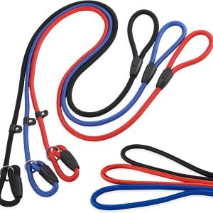 3-Pack Heavy-Duty Nylon Adjustable Slip Leads for Dogs - Red, Black, Blue - Adjustable, Durable & Night-Safe