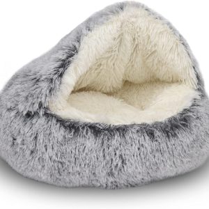 Cat Bed Round Plush Fluffy Hooded Cat Bed Cave, Cozy for Indoor Cats or Small Dog beds, Soothing Pet Beds Doughnut Calm Anti-nxiety Dog Bed - Waterproof Bottom Washable (20×20inch, Grey)