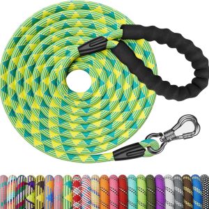 Long Dog Leash,15FT Rope Leash for Dog Training with Swivel Lockable Hook,Reflective Threads and Comfortable Handle,Dog Lead for Walking,Hunting,Camping for Medium and Large Dog, Teal/Yellow